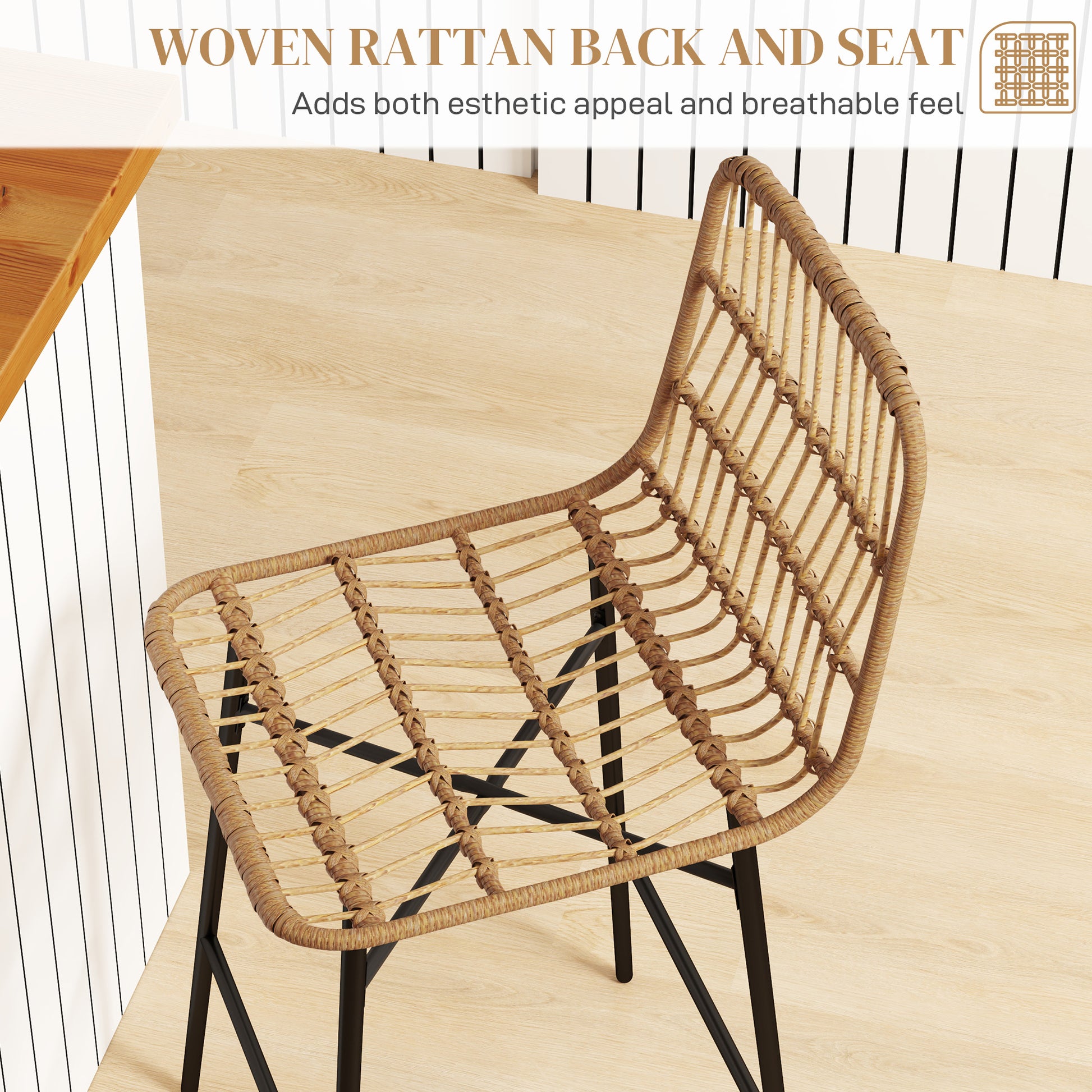 Rattan Counter Bar Stools Set Of 2, 26 Counter Height Barstools With Back, Bar Chairs For Kitchen Island, Brown