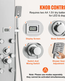Shower Panel System, 5 Shower Modes, Digital Display Shower Panel Tower, Rainfall, 8 Massage Jets, Tub Spout, 3-Setting Handheld Shower Head 59 Hose, Stainless Steel Wall-Mounted Shower Set
