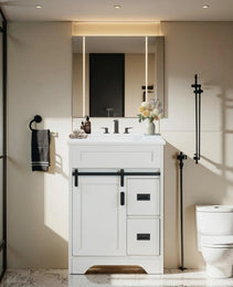 24 Bathroom Vanity With Single Sink Combo, Farmhouse Undermount Bathroom Sink Cabinet With Sliding Barn Doors And 2 Drawers, Freestanding Bathroom Vanities,White