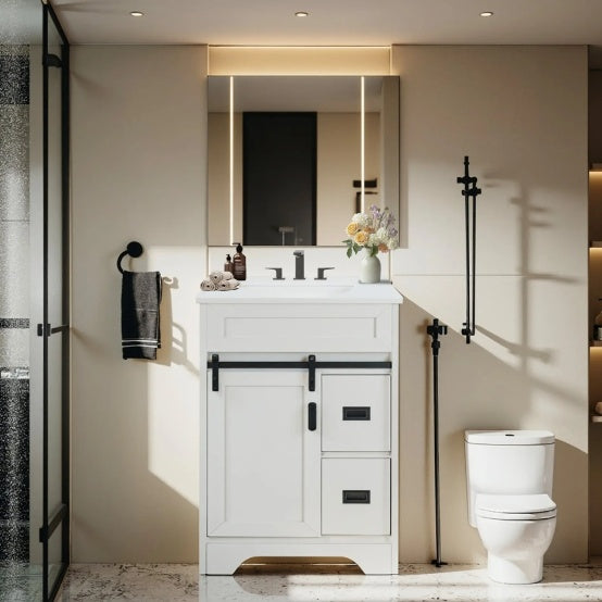 24 Bathroom Vanity With Single Sink Combo, Farmhouse Undermount Bathroom Sink Cabinet With Sliding Barn Doors And 2 Drawers, Freestanding Bathroom Vanities,White