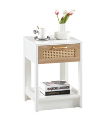 15.75  Rattan End Table With  Drawer, Modern Nightstand, Side Table For Living Room, Bedroom,white