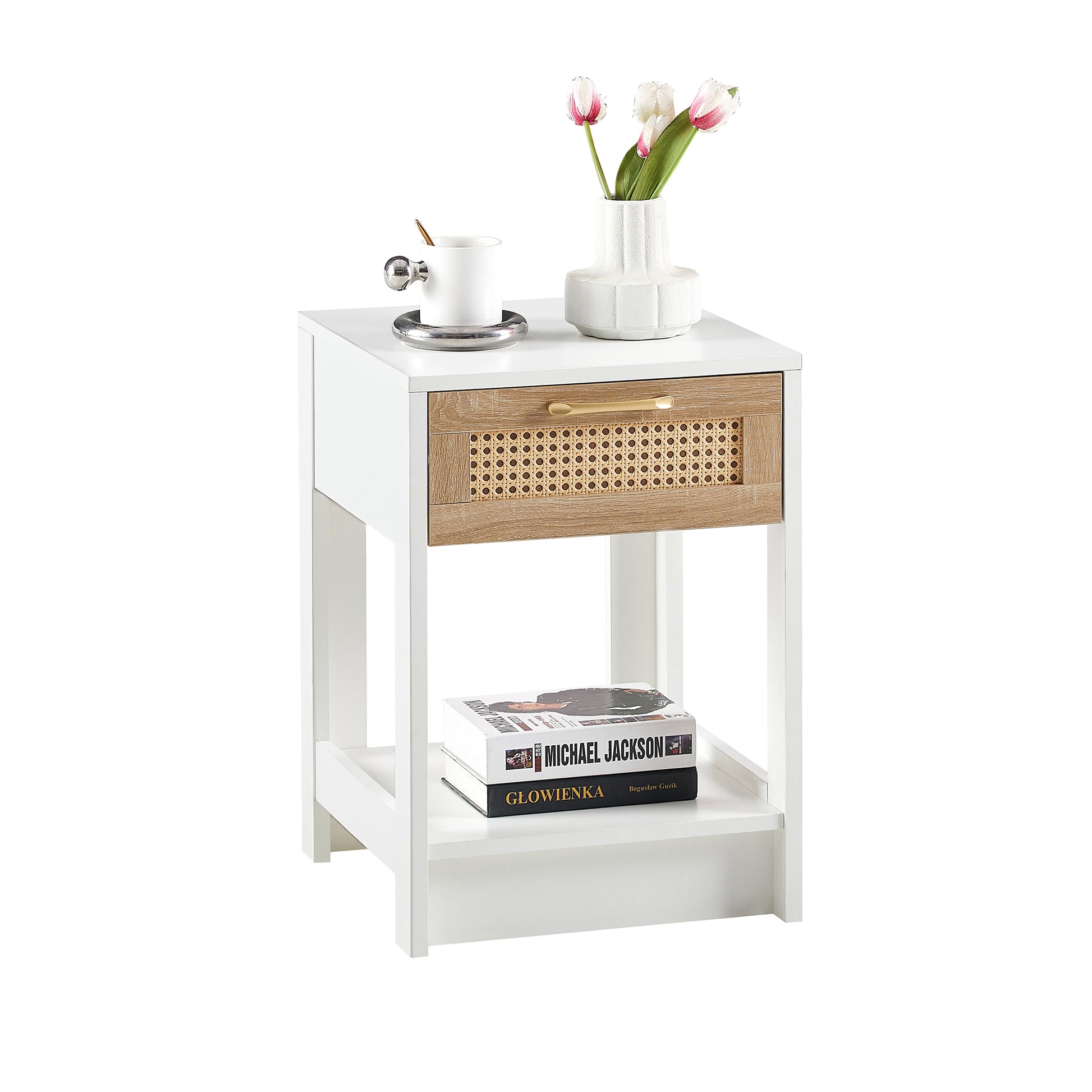 15.75  Rattan End Table With  Drawer, Modern Nightstand, Side Table For Living Room, Bedroom,white