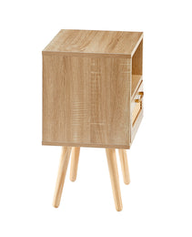 Rattan End Table With Drawer Solid Wood Legs Modern Nightstand Side Table