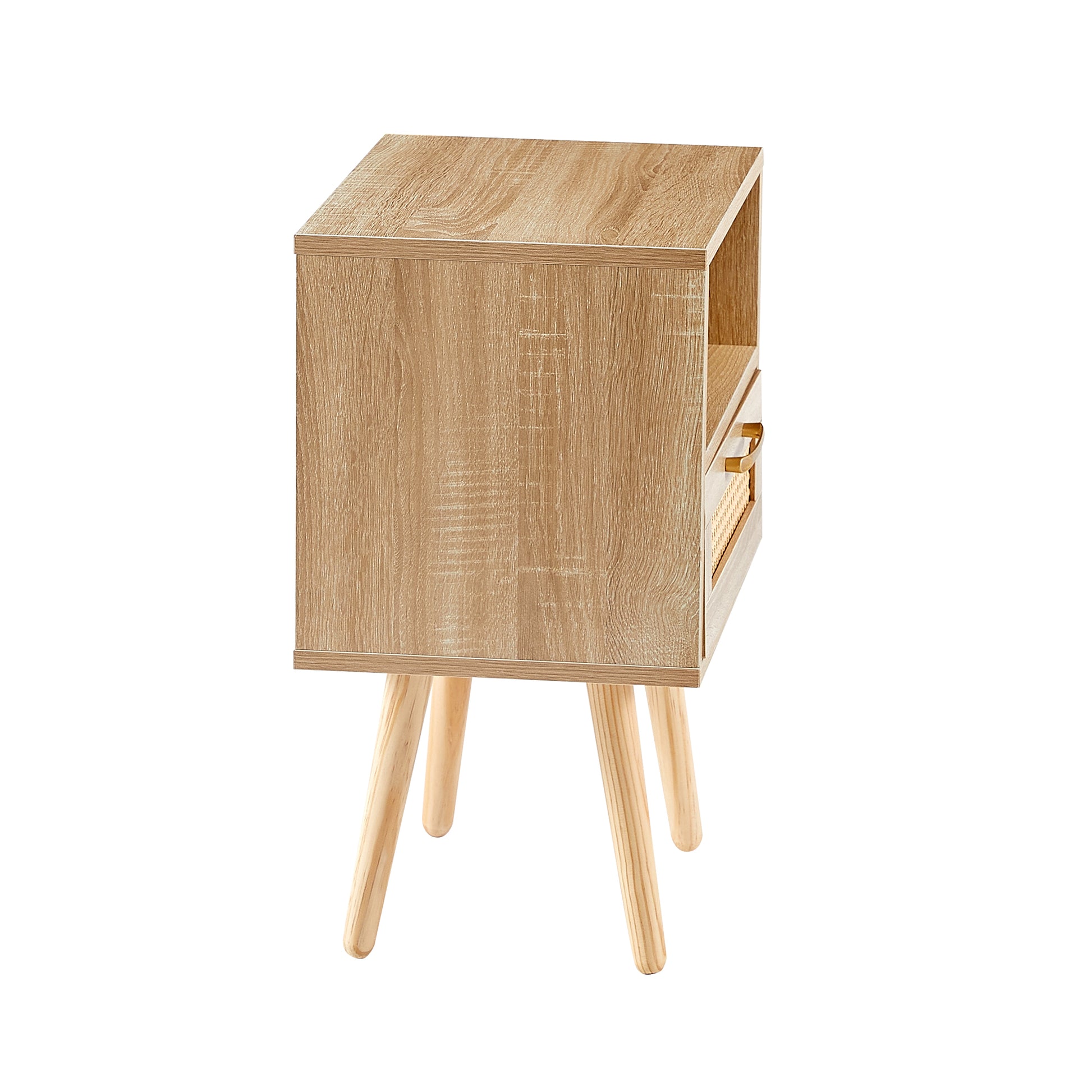 Rattan End Table With Drawer Solid Wood Legs Modern Nightstand Side Table