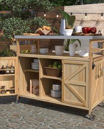 K&K Outdoor Kitchen Island, Rolling Bar Cart & Storage Cabinet, Farmhouse Solid Wood Outdoor Grill Table With Stainless Steel Top, Spice Rack , Towel Rack For Kitchen & BBQ , Natural