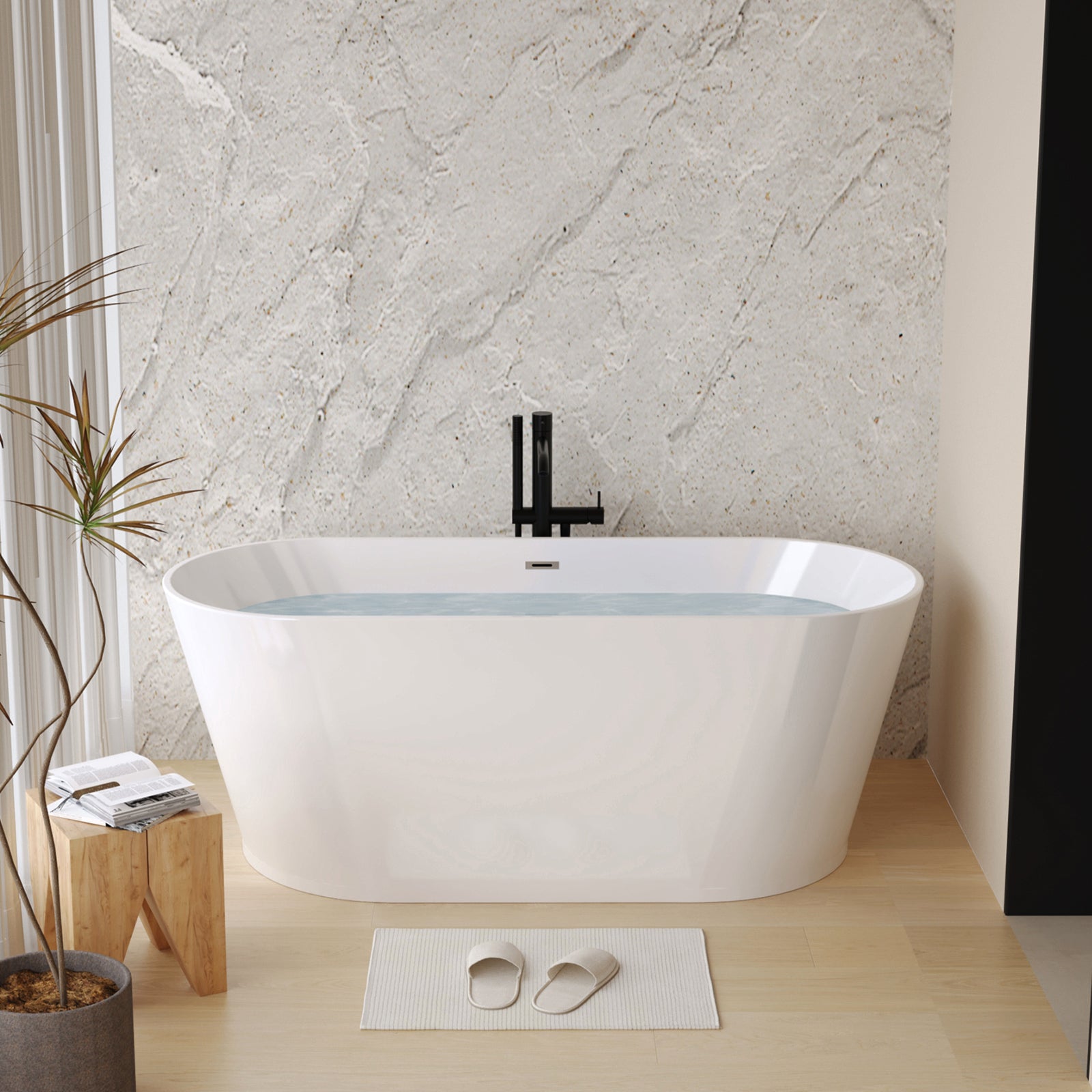 59 Acrylic Freestanding Bathtub, Stand Alone Soaking Tub, Glossy White Acrylic, Toe-tap Chrome Drain, CUPC Certified