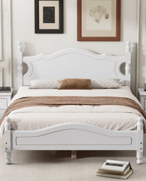 Full Size Wood Platform Bed Frame,Retro Style Platform Bed With Wooden Slat Support,White