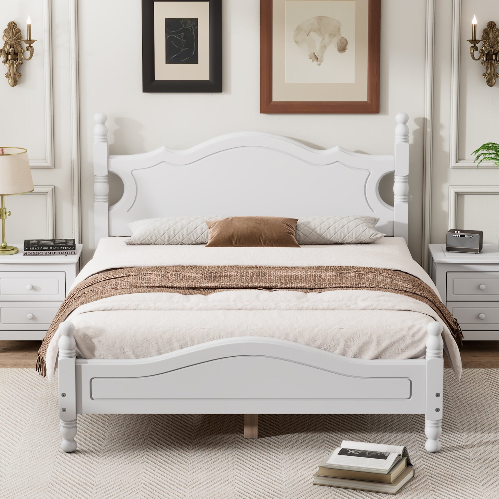 Full Size Wood Platform Bed Frame,Retro Style Platform Bed With Wooden Slat Support,White