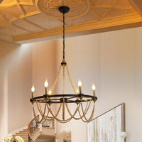 Black Beaded Chandelier Boho Ceiling Light Fixture, Candle Wagon Wheel Chandeliers with 6-Light,Modern Farmhouse Hanging Lighting with Wooden Bead Pendants for Dining Room, 28 Inch
