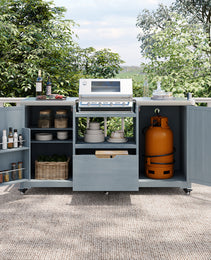 K&K 66.5 Outdoor Kitchen Island, Solid Wood Outdoor Grill Cart, Featuring Stainless Steel Countertop And Drawers, Compatible With Large Green Egg Grill, Carducci Gray And Blue Model