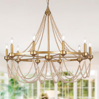 Black Beaded Chandelier Boho Ceiling Light Fixture, Candle Wagon Wheel Chandeliers with 6-Light,Modern Farmhouse Hanging Lighting with Wooden Bead Pendants for Dining Room, 28 Inch