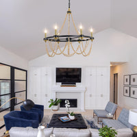 Black Beaded Chandelier Boho Ceiling Light Fixture, Candle Wagon Wheel Chandeliers with 6-Light,Modern Farmhouse Hanging Lighting with Wooden Bead Pendants for Dining Room, 28 Inch