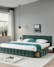 California King Size Upholstered Bed ,comfortable Upholstered Bed Frame, Chenille Fabric, With Headboard And Solid Bed Frame. With Drawer For Storage.-Blue Green 90.5x80.5x31
