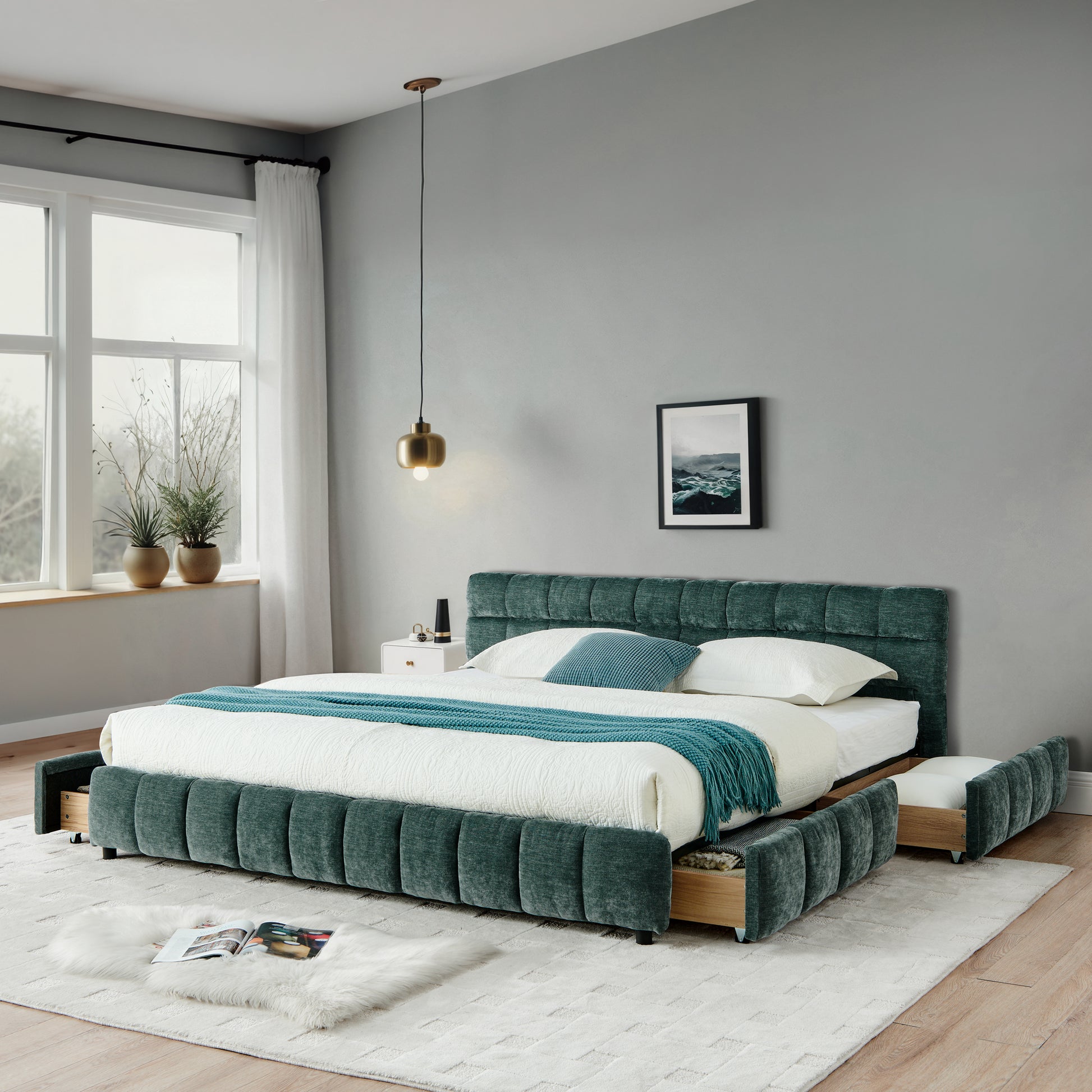 California King Size Upholstered Bed ,comfortable Upholstered Bed Frame, Chenille Fabric, With Headboard And Solid Bed Frame. With Drawer For Storage.-Blue Green 90.5x80.5x31