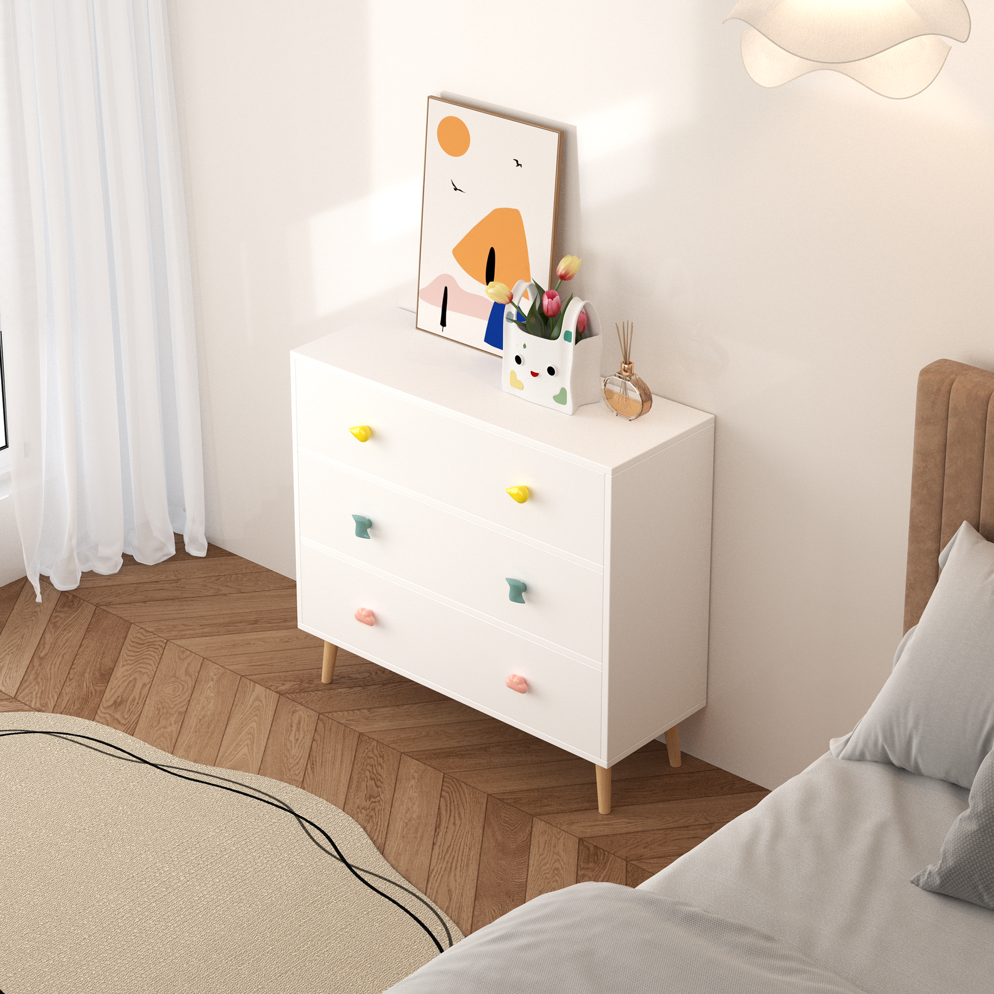 Kids 3 Drawer Dresser, Baby Nightstand For Bedroom, Storage Cabinet For Toddler Child For Living Room, Toddler Room, Nursery, Closet, Apartment White