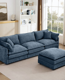Modular Sectional Sofa, 102 Inch L Shaped Couch Set For Living Room, 3-Seater Comfy Cloud Couches With Movable Ottoman, DIY Combination, Chenille, Blue
