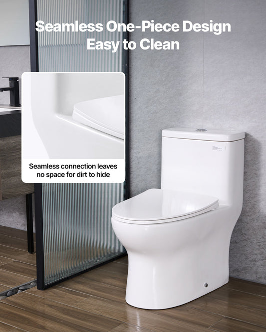 One-Piece Elongated Toilet – Vortex Dual Flush 1.0/1.28 GPF, Skirted Easy-Clean Design, Standard Height (White & Silver, 12" Rough-In)