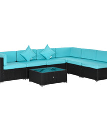 7-Piece Patio Furniture Set, Outdoor Wicker Conversation Set, All Weather PE Rattan Sectional Sofa Set with Cushions and Tempered Glass Top Coffee Table, Pillows, Turquoise