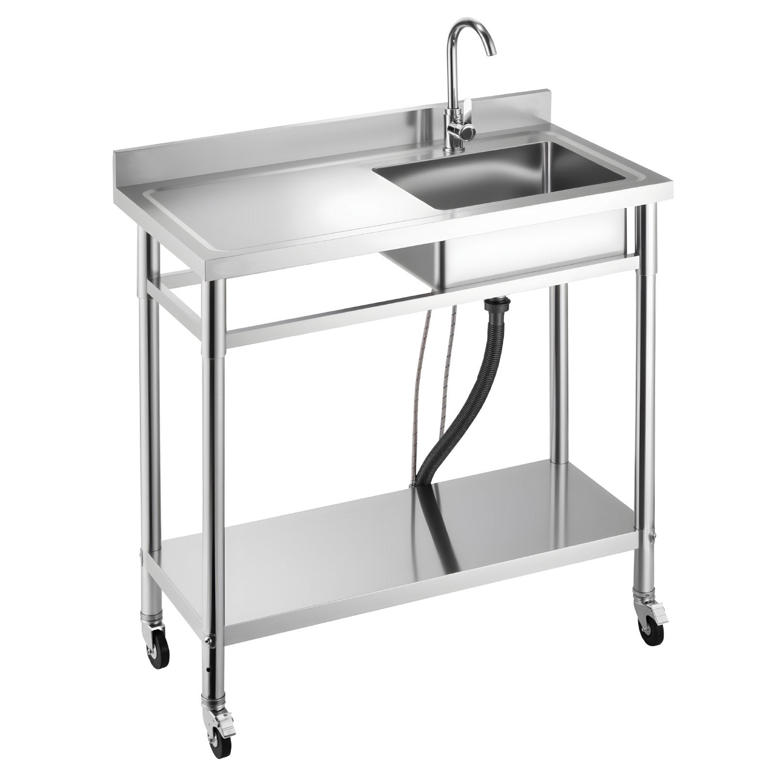 39.4" Rolling Stainless Steel Utility Sink – NSF-Certified Commercial Workstation with Wheels, Faucet & 3-Level Storage
