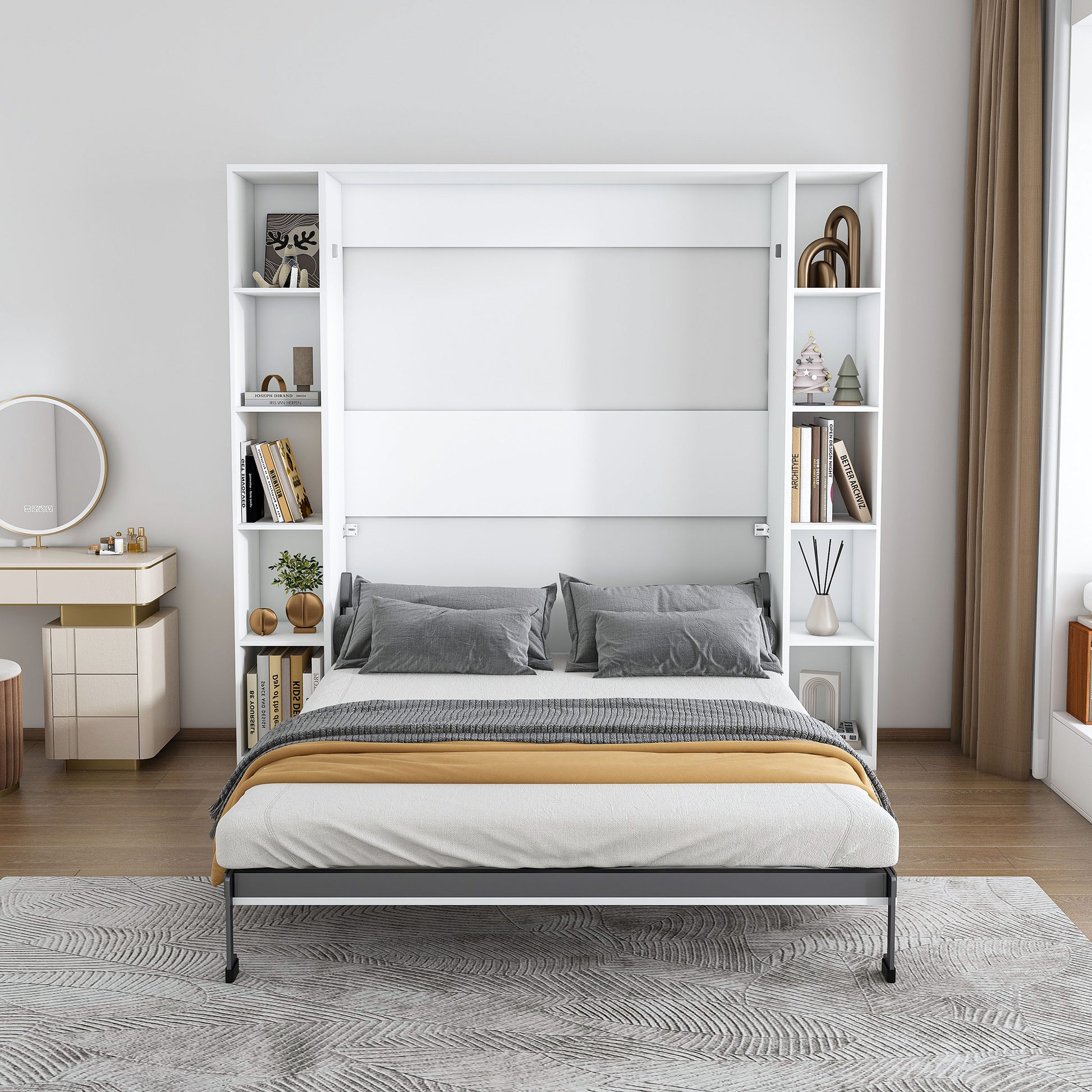 Queen Murphy Bed, 89.7-inch Foldable Wall Bed, With Storage Cabinet, With Hardware Bed Frame And Solid Wood Support Strips, Hidden Bed Frame, Suitable For Bedrooms, Guest Rooms, White