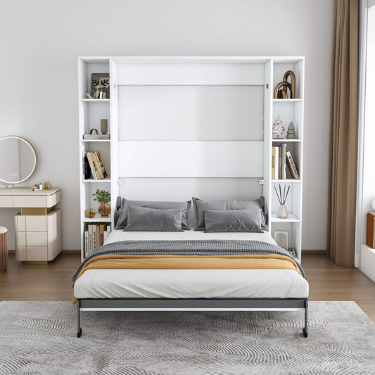 Queen Murphy Bed, 89.7-inch Foldable Wall Bed, With Storage Cabinet, With Hardware Bed Frame And Solid Wood Support Strips, Hidden Bed Frame, Suitable For Bedrooms, Guest Rooms, White
