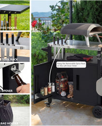 K&K Outdoor Grill Cart With Storage Cabinet, Outdoor Metal Kitchen Island With Foldable Table, Pizza Oven Table With Wheels & Stainless Steel Top & Hooks & Spice Rack For BBQ,Waterproof Cover Included