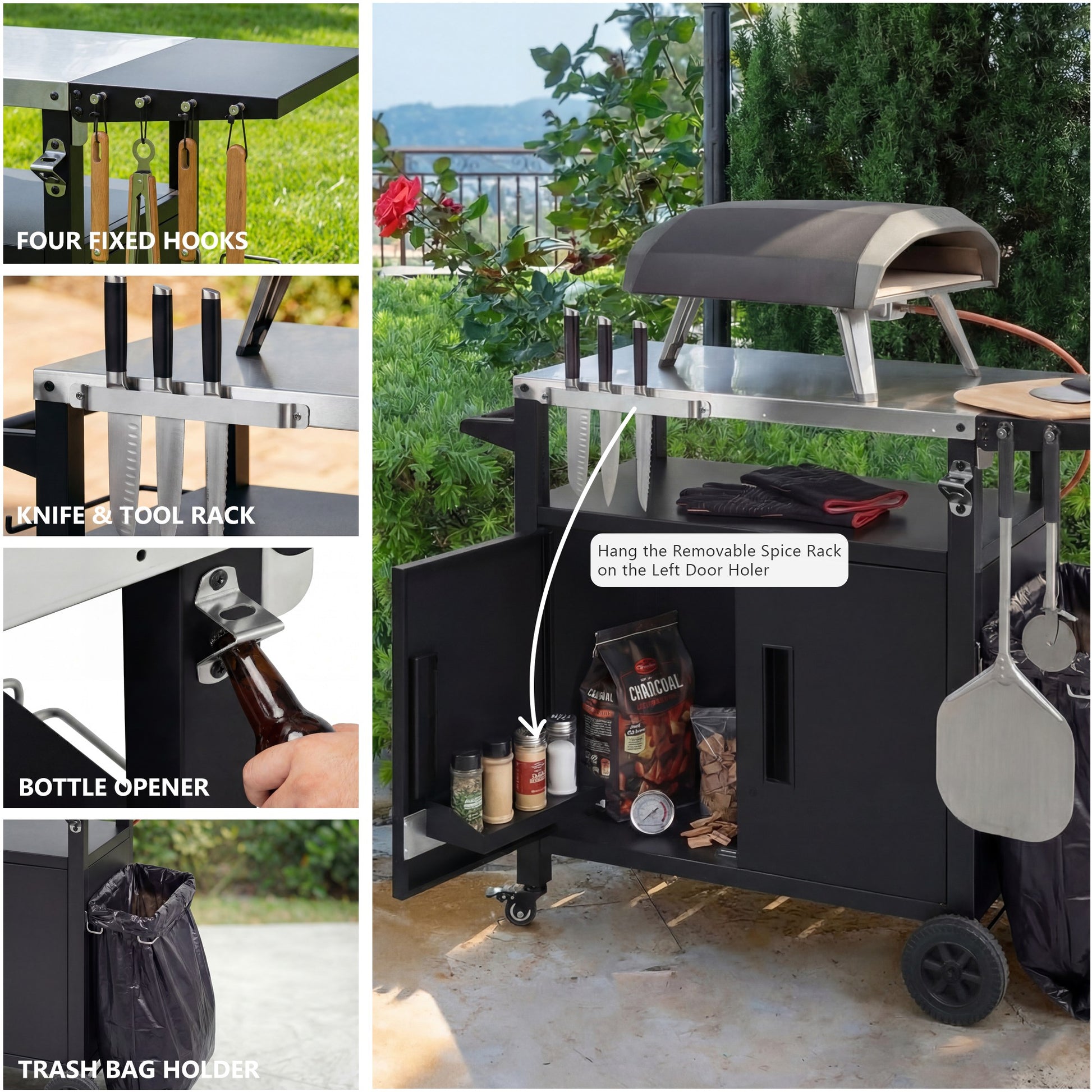 K&K Outdoor Grill Cart With Storage Cabinet, Outdoor Metal Kitchen Island With Foldable Table, Pizza Oven Table With Wheels & Stainless Steel Top & Hooks & Spice Rack For BBQ,Waterproof Cover Included