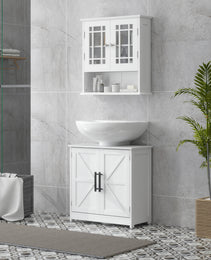 Farmhouse Pedestal Sink Storage Cabinet, Bathroom Sink Cabinet with 2 Barn Doors and Adjustable Shelf, White