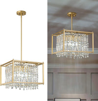 Modern Foyer Chandelier, Gold Crystal Chandelier Entryway Pendant Light Fixture, Square Adjustable Height Chandeliers for Kitchen Island, L15.74'' X H9.84''