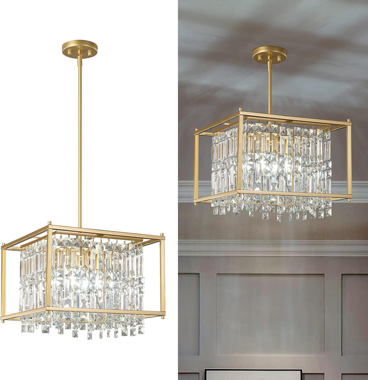 Modern Foyer Chandelier, Gold Crystal Chandelier Entryway Pendant Light Fixture, Square Adjustable Height Chandeliers for Kitchen Island, L15.74'' X H9.84''