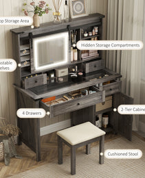 Vanity Desk Set With Mirror And Lights, Cushioned Stool, Storage Drawer, Cabinet, Shelves For Bedroom, Gray - CJDS