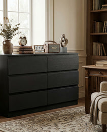 6 Drawer Black Dresser, Modern Bedroom Dresser With Spacious Countertop, Wood Storage Cabinet With Concealed Handles & 6 Deep Drawers For Bedroom, Living Room, Entryway, 15.7 D X 47.2W X 30.9 H