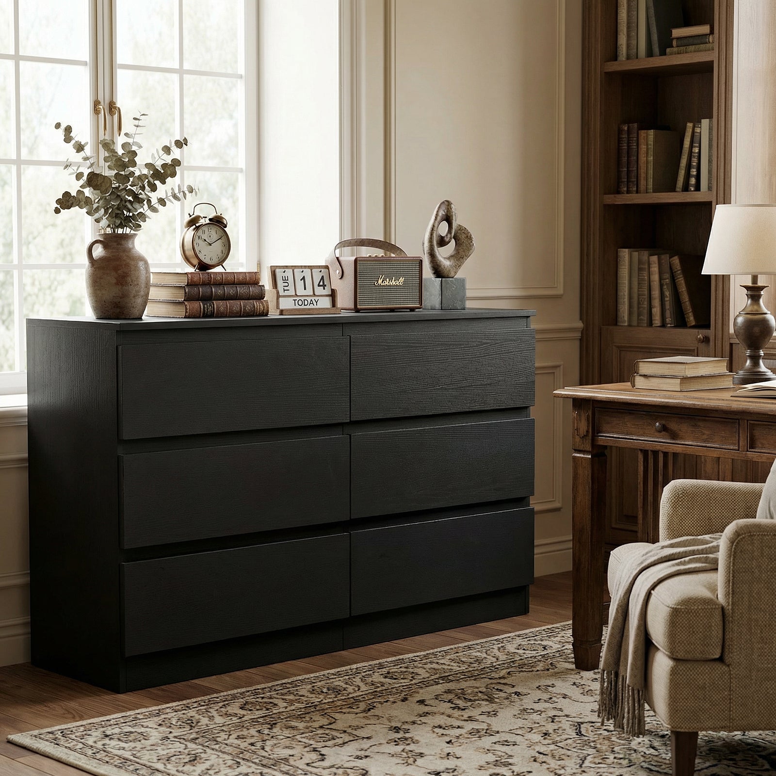 6 Drawer Black Dresser, Modern Bedroom Dresser With Spacious Countertop, Wood Storage Cabinet With Concealed Handles & 6 Deep Drawers For Bedroom, Living Room, Entryway, 15.7 D X 47.2W X 30.9 H