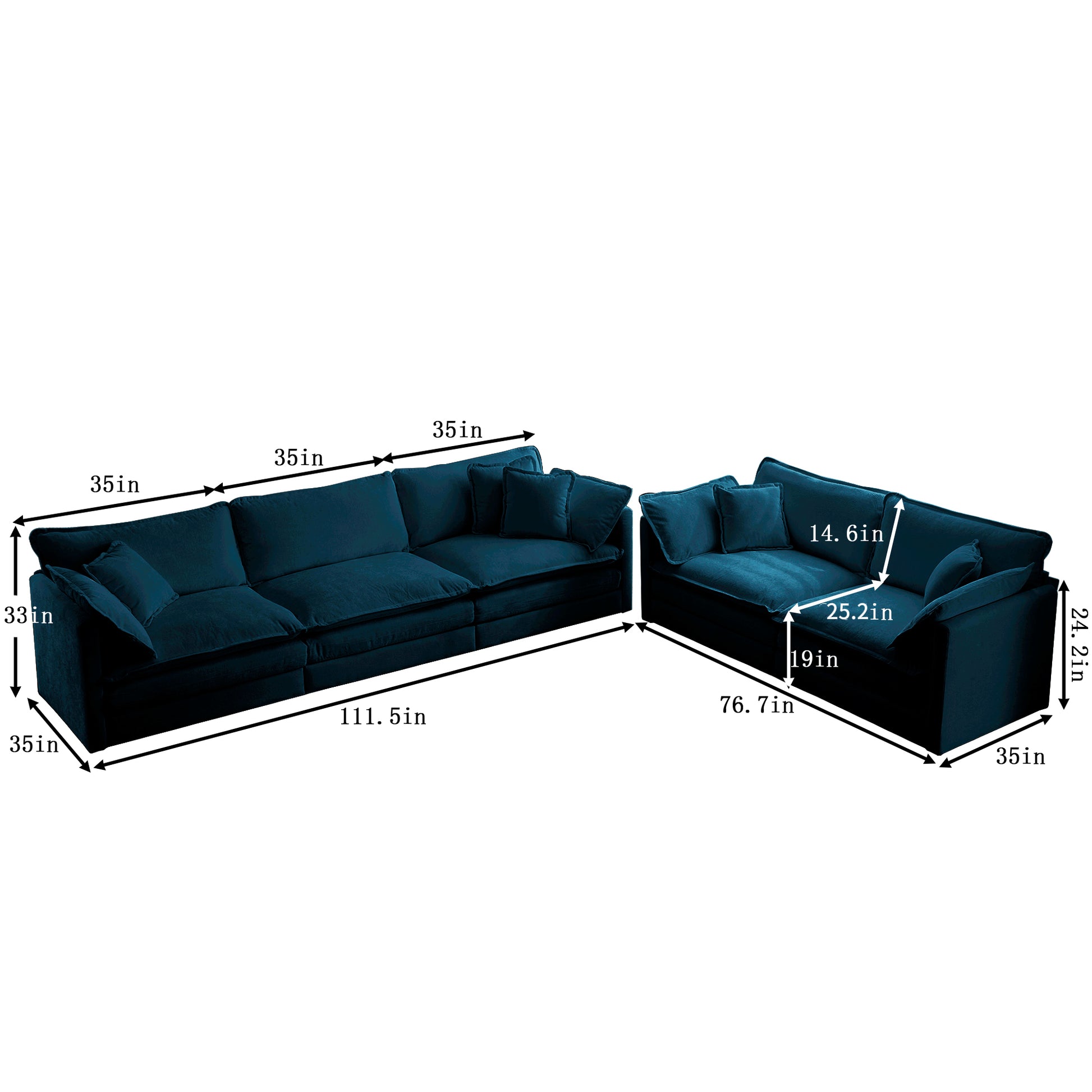Sofa Set Of 2 Chenille Couch, 2-3 Seater Sofa Set Deep Seat Sofa, Modern Sofa Set For Living Room, Blue Chenille