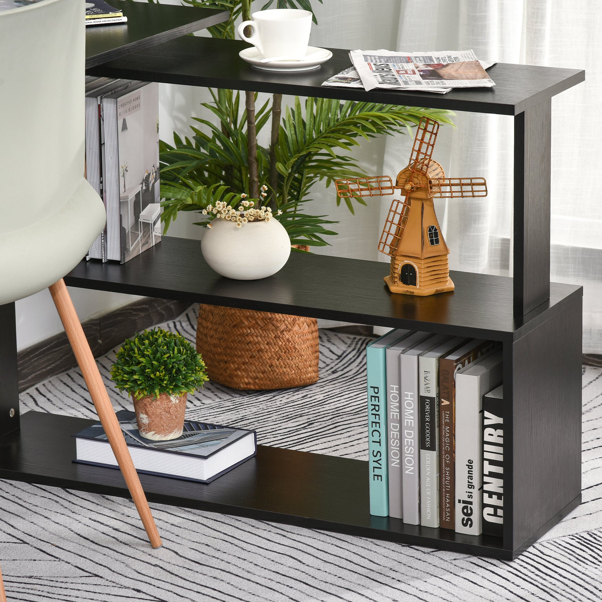 360° Rotating Home Office Desk L Shaped Corner Computer Desk with Storage Shelves, Writing Table Workstation, Black