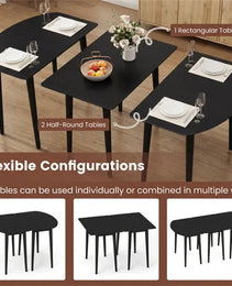 45" Extendable Dining Table Set, 2 Half-Round Tables Convertible To Oval For 4-6 People Black
