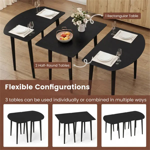 45" Extendable Dining Table Set, 2 Half-Round Tables Convertible To Oval For 4-6 People Black