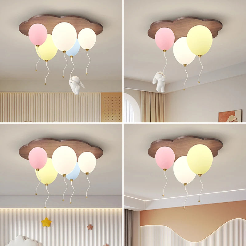 Cloud Balloon LED Ceiling Lamp Wooden Children's Room Ceiling Chandelier Romantic Cartoon Warm Boy Girl Bedroom Decor Fixture