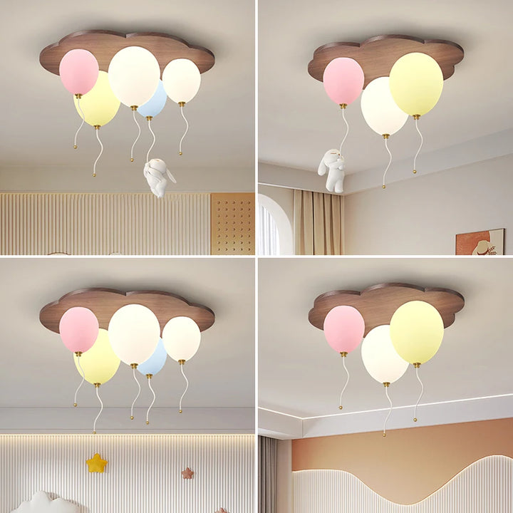 Cloud Balloon LED Ceiling Lamp Wooden Children's Room Ceiling Chandelier Romantic Cartoon Warm Boy Girl Bedroom Decor Fixture