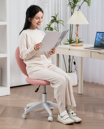 Armless Computer Desk Chair, Office Task Chair, Teddy Fleece Heart Makeup Vanity Chair with Swivel Wheels, Pink