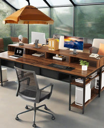 Two Person Desk With Monitor Stand, 78.74" Long Double Computer Office Desk With Storage Shelves, Large Gaming Study Writing Table