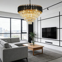 Black and Gold Crystal Chandelier, 24 Inch Black Chandelier Pendant Light 5-Tier with K9 Crystals Chandeliers for Dining Room, Bedroom, Kitchen Island, Entryway