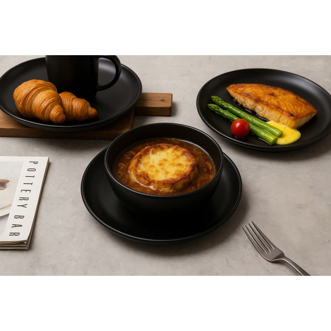 12-Piece Stoneware Dinnerware Sets With Mugs   Microwave & Dishwasher Safe    Non-Toxic Dinner Plates Bowls Set   Stackable Matte Glaze Kitchenware For 3,Black