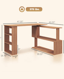 360° Rotating Home Office Desk L Shaped Corner Computer Desk with Storage Shelves, Writing Table Workstation, Teak