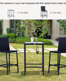 3pcs Rattan Bar Set with Glass Top Table, 2 Bar Stools for Outdoor, Patio, Garden, Poolside, Backyard