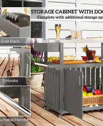 Outdoor Bar Cart with Storage, Stainless Steel Outdoor Bar Table Top, Wheeled HDPE Kitchen Island for Food Prep, Gray