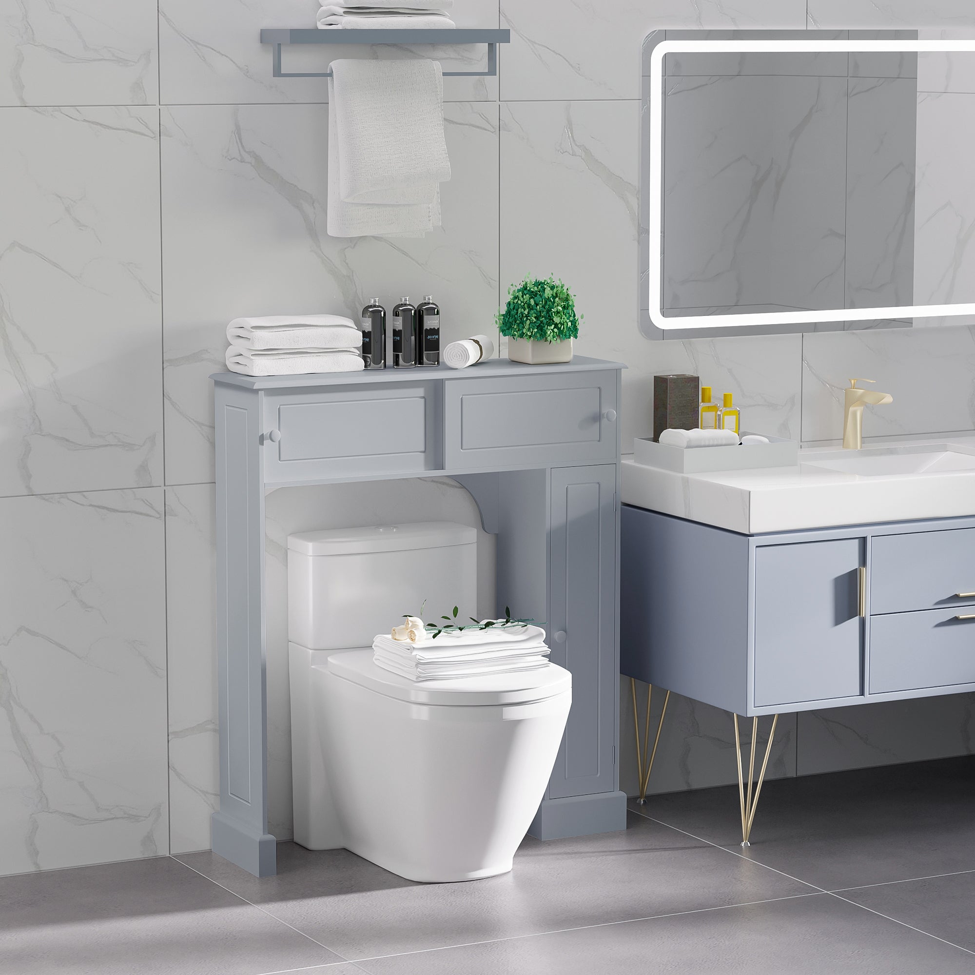 Over-the-Toilet Storage Cabinet – Freestanding Bathroom Organizer with Adjustable Shelves & Doors (Gray)