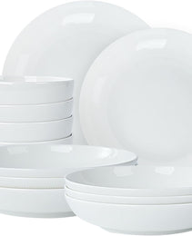 Setaria Bone China Dinnerware Set, 12 Pieces, Service For 4, Plates, Dishes, Bowls Set, Microwave And Dishwasher Safe, Ivory White With Narrow Curve Stripe