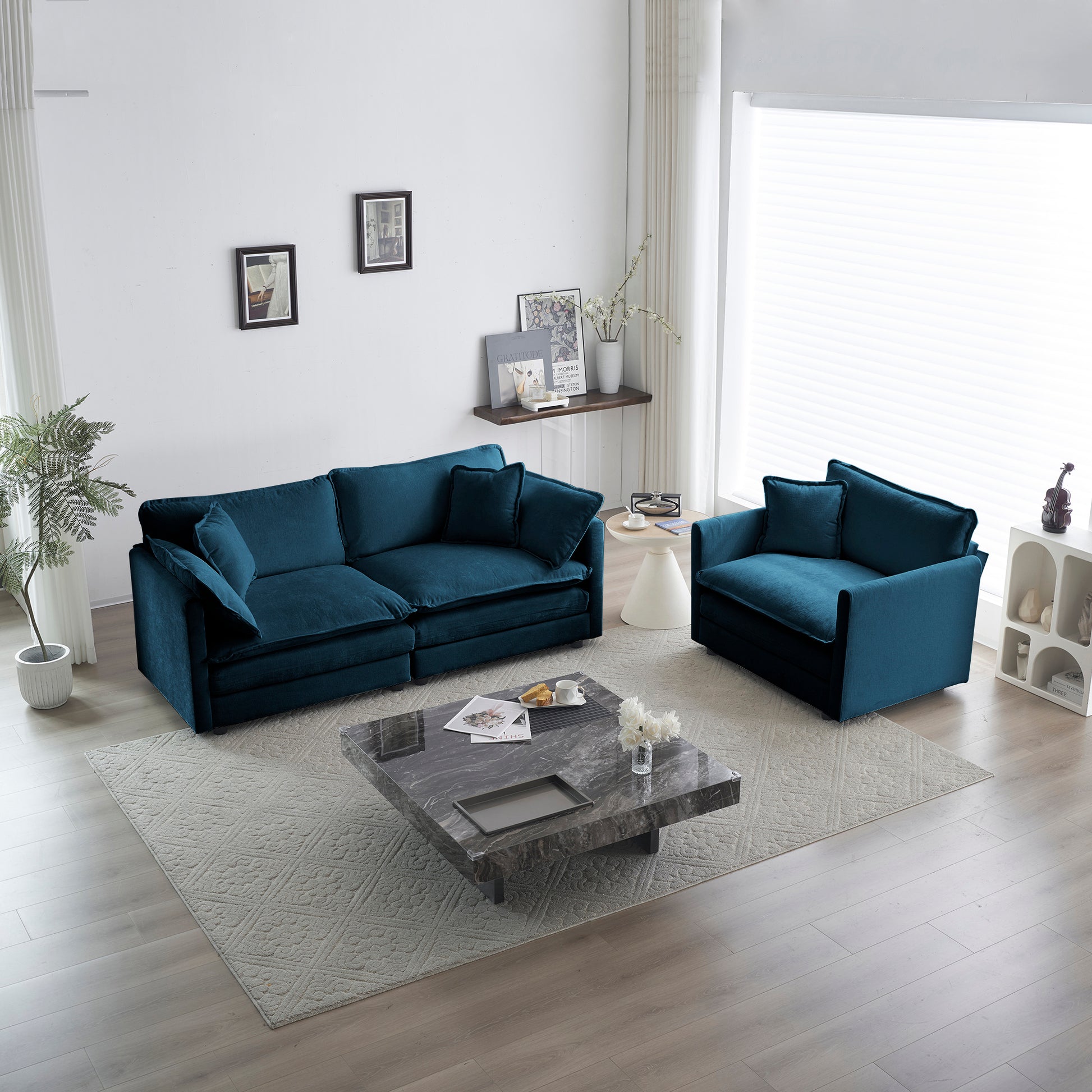 2 Seater Loveseat And Chair Set, 2 Piece Sofa & Chair Set, Loveseat And Accent Chair , 2-Piece Upholstered Chenille Sofa Living Room Couch Furniture1-2 Seat  ,Blue Chenille