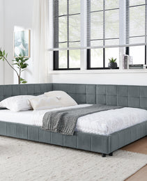 Full Size Upholstered Tufted Bed Frame, Sofa Bed Frame With Comfortable Backrest And Armrests, Full Size Bed For Bedroom, Living Room,Velvet, Grey 80.5x59x30.5